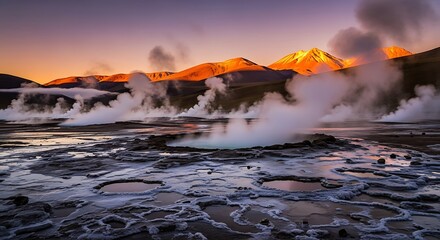 El Tatio Geysers at Sunrise - A geothermal wonderland in Chile.