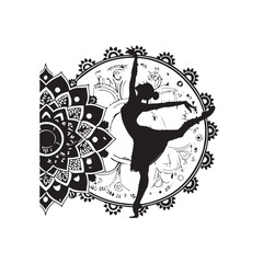 Silhouette of a ballerina dancing with a partial mandala and abstract elements on a white background