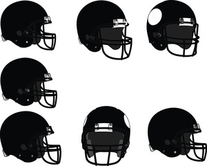 Football, helmet, silhouette, side view, front view, three quarter, face mask, chin strap, padding, safety, sport, gear, athlete, game, uniform, design, variation, collection, black, illustration