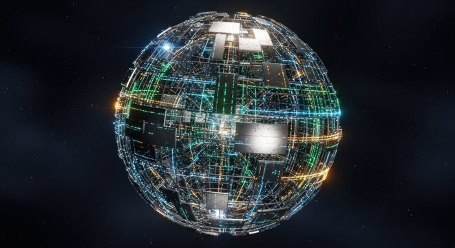 A futuristic, technological sphere with glowing, interconnected nodes and lines against a dark, starry background.