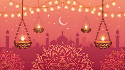 Happy Diwali festival banner design with decoration of hanging illuminated oil lamps and lights on beautiful pinkish red background for Diwali Celebration.