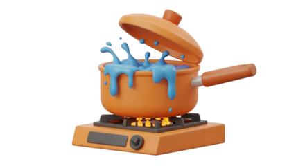 Orange pot boiling blue liquid on stove isolated on a transparent background image