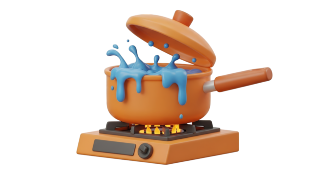 Orange pot boiling blue liquid on stove isolated on a transparent background image