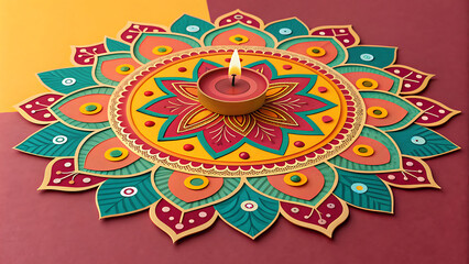 Happy Diwali. Paper Graphic of Indian Rangoli. Rangoli - A traditional Indian art of decorating the entrance to a house. Diwali festival holiday design with paper cut style of Indian Rangoli