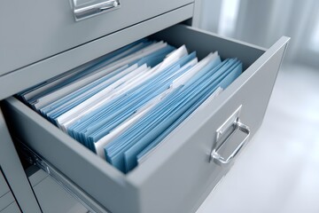 Organized filing cabinet drawer filled with neatly arranged blue and white document folders ready for retrieval and storage