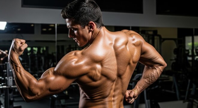 A muscular man flexing his biceps in a gym.