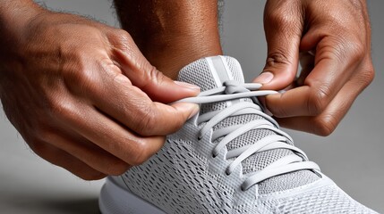 Close-up of hands tying light gray athletic shoe laces