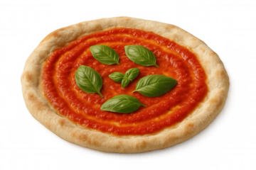 Neapolitan pizza marinara with fresh basil leaves and rich tomato sauce on a transparent background