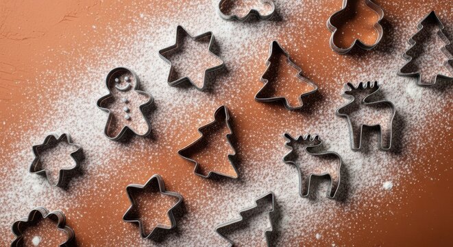 Christmas cookie cutters on floured surface in festive shapes