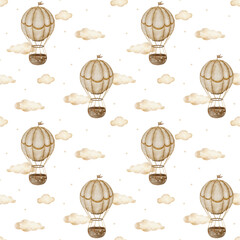 Seamless pattern beige balloons, clouds, stars. Hand drawn watercolor illustration in childish style. Print isolated from background for nursery design, fabric printing, wallpaper, textiles, clothing