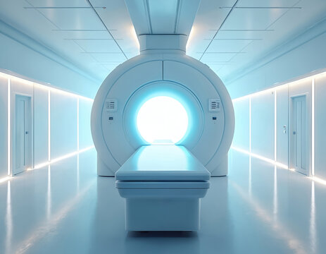 Medical linear accelerator in radiation oncology department. Advanced cancer therapy device for tumor treatment. Modern hospital equipment for patient care and radiation therapy.