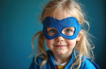 A young child with blonde hair wears a blue superhero mask and cape. The girl smiles with bright eyes against a solid blue backdrop, embodying courage and fun.