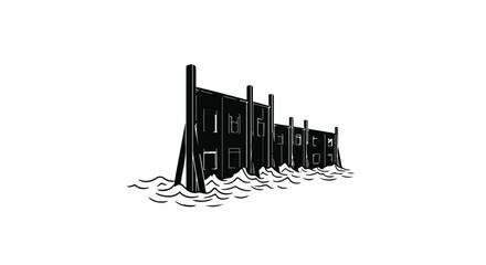 Eerie dark building structure submerged in water with stark wooden posts