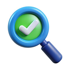 3d magnifying glass with checkmark isolated on transparent background