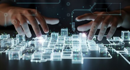 A person typing on a computer keyboard with a futuristic cityscape and circuit board design on the keys.