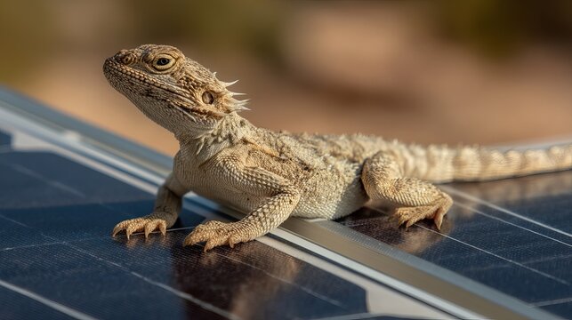 A bearded dragon basking on solar panels under bright sunlight.