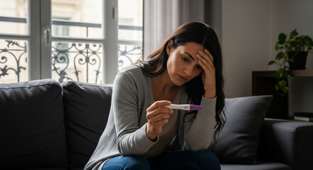 Worried woman awaiting pregnancy test results on sofa at home, depicting anxiety and uncertainty about the future and reproductive health