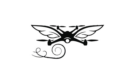 Futuristic drone with stylized wings taking flight with a swirl of motion