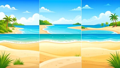 Obraz premium A collection of colorful, cartoon-style illustrations featuring tropical beach scenes with sand, water, sky, islands and palms