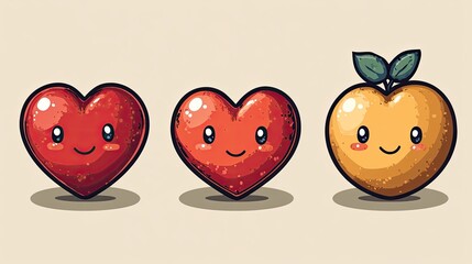 Cute cartoon heart and peach fruits.