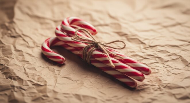 Bundle of candy canes tied with string on crumpled paper background - Powered by Adobe