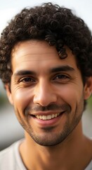 Portrait of a Smiling Man with Curly Hair and Warm Expression.