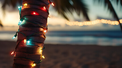 Tropical holiday: festive palm tree with colorful string lights on beach at sunset, ocean in background. Island Christmas vibes.