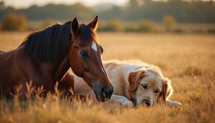 Obraz premium Brown horse and golden retriever dog rest together in grassy field at sunset. Calm animals nap peacefully side by side in warm golden hour light. Gentle companions share quiet moment.