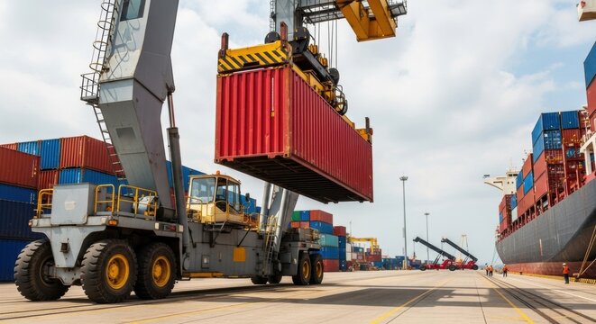 RTG crane picking up container at busy sea port