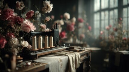 Antique Sewing Machine with Spools of Thread and Pink Peonies in a Sunlit Room