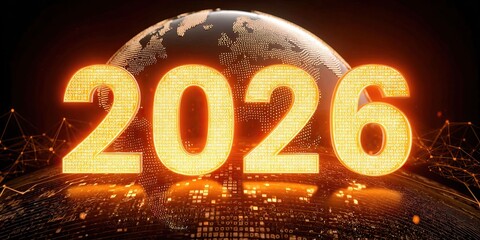 Glowing 2026 numbers on a futuristic digital globe with network lines