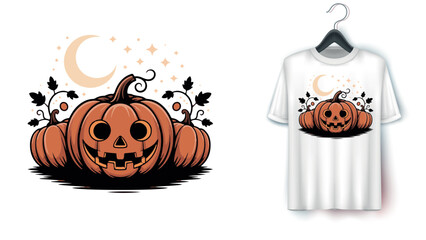 Pumpkin patch with a crescent moon Halloween T-shirt design 