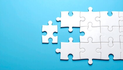 A collection of white puzzle pieces on a solid blue background. One piece is separate, representing a solution