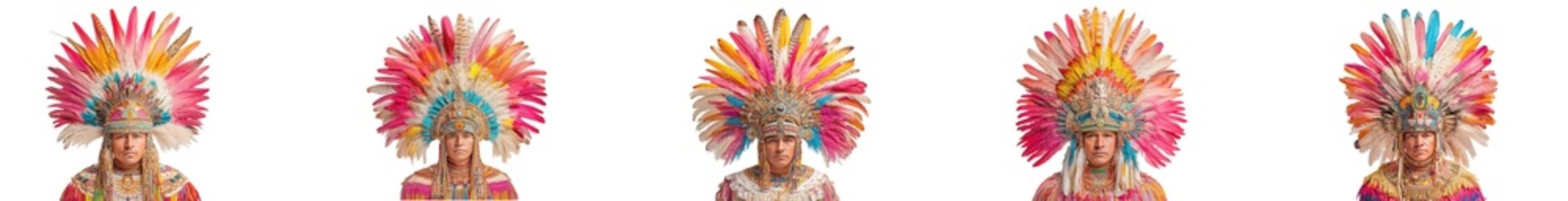 Obraz premium A collection of five individuals wearing vibrant, colorful native american headdresses, isolated on transparent background