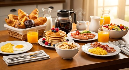 Delicious and Diverse Breakfast Spread on a Wooden Table.