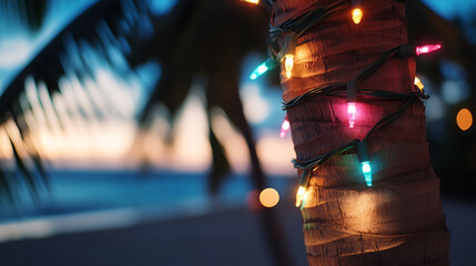 Festive Palm Tree: Tropical holiday cheer with vibrant string lights adorning a palm tree trunk against a soft beach backdrop.