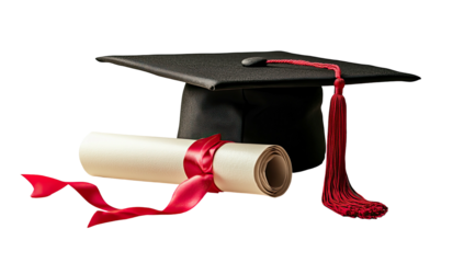 Graduation cap and diploma scroll with red ribbon on a dark background