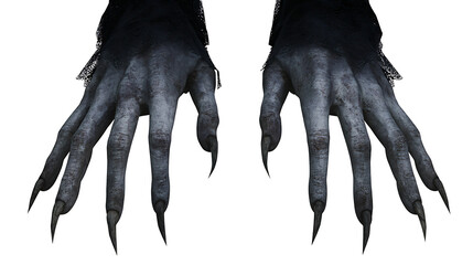 Witch hands with long claws falling, pale skin, terrifying detail, isolated