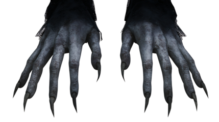 Witch hands with long claws falling, pale skin, terrifying detail, isolated