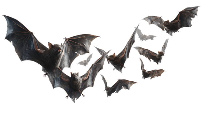 Bats with torn wings raining down, grotesque detail, isolated