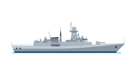 Modern Grey Warship with Radar Mast and Gun Turret. © wong