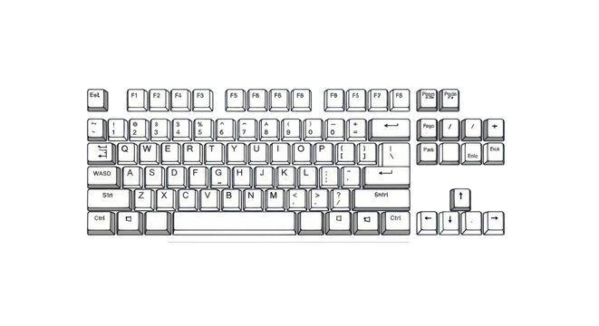 Minimalist black and white line art drawing of a tenkeyless computer keyboard.