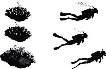 Scuba, diving, silhouette, diver, underwater, coral reef, fish, bubbles, fins, oxygen tank, marine, ocean, exploration, activity, sport, hobby, lifestyle, nature, adventure, illustration