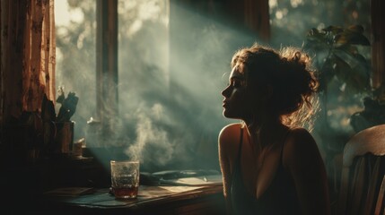 Woman Gazing Out Window Sunlight Rays Dust Motes Steam From Drink