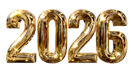 Golden 3D text "2026" with shiny metallic effect, isolated on a white background.
