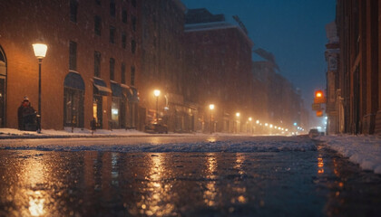 Snow filled evening twilight cityscape creating cinematic atmosphere for winter themed photography or seasonal marketing campaigns with dramatic lighting and soft focus effects