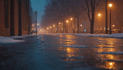 Atmospheric city scene during evening twilight with falling snow for winter themed photography or seasonal marketing campaigns with dramatic lighting and soft focus effects
