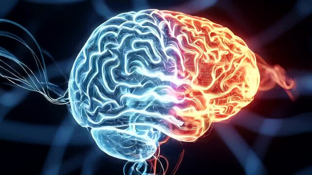 Digital illustration of a brain split in blue and red, with neural connections