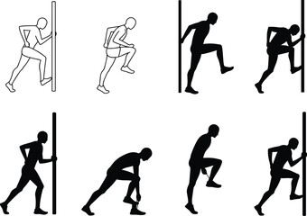 Climbing pole silhouette sequence, body movement progression, instructional illustration, physical activity, technique demonstration, training exercise design