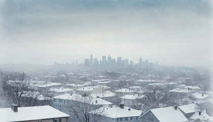 Winter city skyline depicted in artistic watercolor creating soft visual effects for seasonal illustrations or holiday themed design projects with delicate color transitions